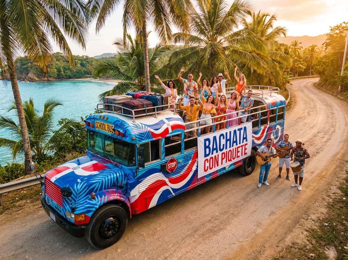 The Bachata Con Piquete tour — party bus on the Dominican coast
